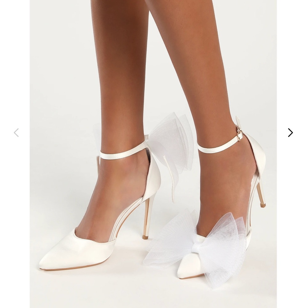 *BRAND NEW* Lulu’s Tanyay White Satin Bow Pointed-Toe Ankle Strap Pumps